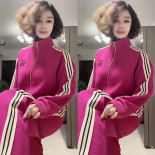 2025秋冬新款加绒运动套装气质休闲侧杠立领拉链外套抽脚阔腿裤女