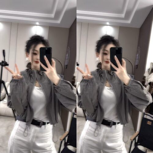 欧货时髦花瓣领抽绳款拉链短外套