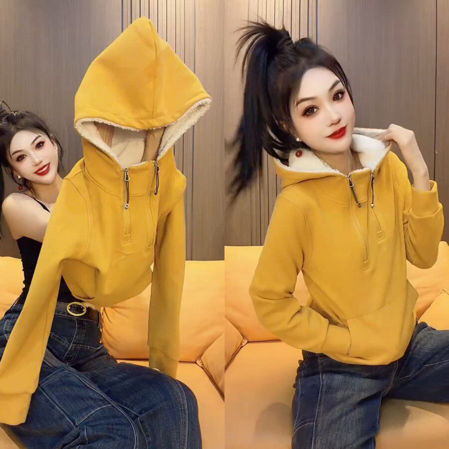 欧货时尚洋气羔毛双拉链连帽加厚卫衣2025秋冬新款休闲百搭外套潮,女装/女士精品,卫衣/绒衫,淘宝优惠券,粉丝福利购,淘宝优惠卷