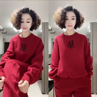 欧货时尚圆领字母卫衣松紧裤腿加绒两件套2025秋冬新款运动休闲款