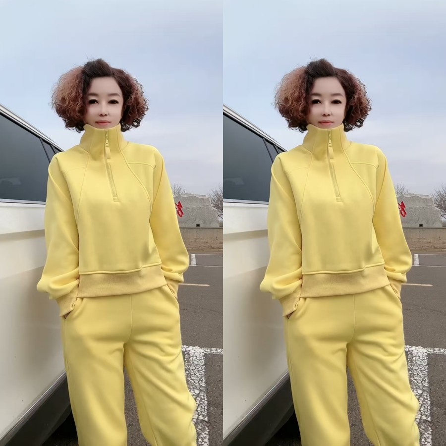 时尚休闲半开领卫衣束脚卫裤加绒套装2025秋冬新款运动糖果色百搭