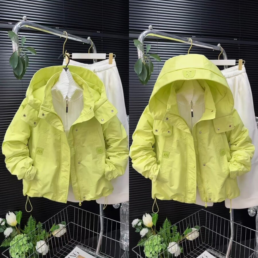 休闲时尚薄棉连帽冲锋衣外套春秋新款糖果色减龄二棉棉服夹克上衣