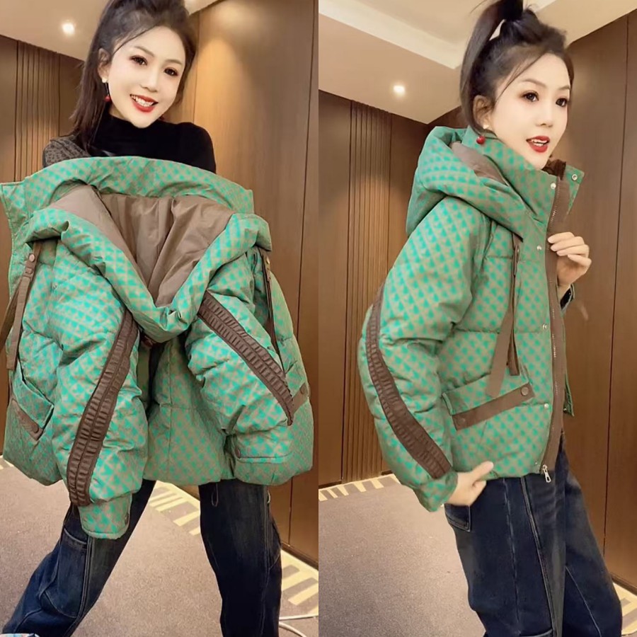 经典时尚千鸟格撞色连帽拉链棉服