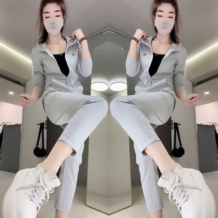 极简风防晒速干修身外套九分裤两件套2026春夏新款运动休闲套装潮