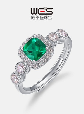 跨境欧美肥方培育祖母绿戒指S925银镶钻彩宝开口指戒复古轻奢定制