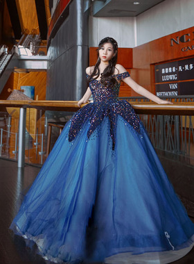 【十月礼服出租】蓝色一字肩亮片声乐艺考成人礼年会主持晚礼服