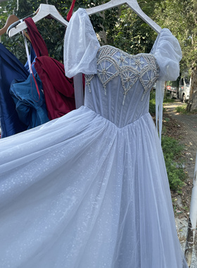 出租蓝色晚礼服裙女成人生日法式在逃公主高端主持年会走秀礼服