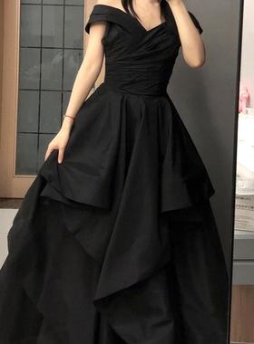 礼服出租修身黑色一字肩声乐艺考校运会举牌声乐考试演出晚礼服