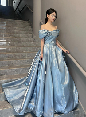 出租蓝色一字肩晚礼服2025新款高端轻奢学生成人礼生日宴会在逃