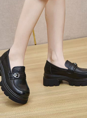 欧仕丰2025秋新款真皮乐福鞋女厚底增高英伦轻便一脚蹬单鞋97011