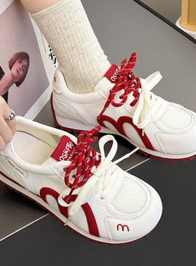 高鹏女鞋2026春新款真皮红色德训鞋女平底圆头运动软底小白鞋h010