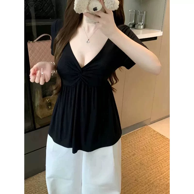 thumbnail for Plus size women's clothing plus-size MM French style V-neck knitted short-sleeve T-shirt, summer fashion versatile slimming top