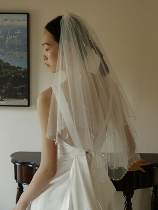 Yesdress新娘结婚手工缝珠拍照订婚领证登记短头纱