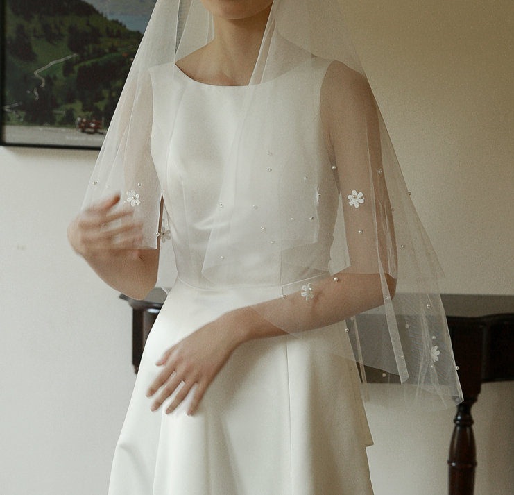 Yesdress新娘结婚登记领证订婚清新简约珍珠头纱