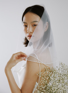 Yesdress新娘结婚领证登记手工珍珠边双层头纱