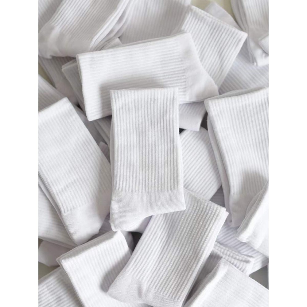 白色纯棉袜子女中筒吸汗全棉防臭运动袜长筒黑白男女短袜