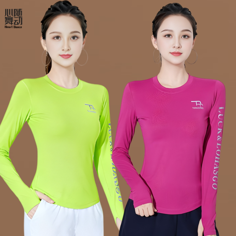 广场舞长袖圆领速干健身操跑步跳操团体运动休闲T恤上衣大码女