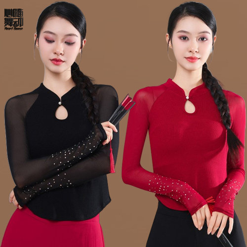 广场舞民族风古典舞服修身拼接纱袖上衣扇子舞跳舞民族舞服装女