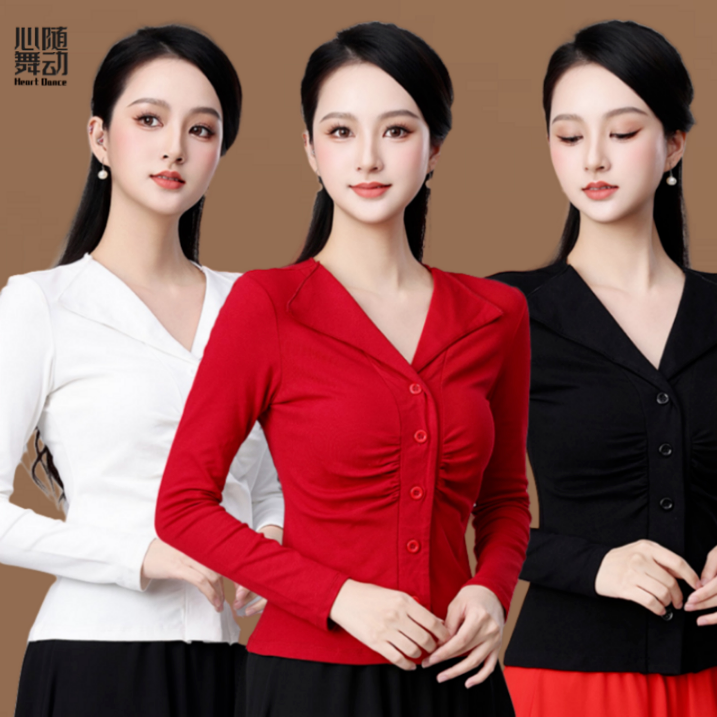 广场舞春秋新款翻领薄款开衫胸褶皱修身打底衫长袖V领上衣民族风