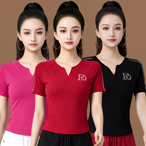 2026年新款小V领竖条镶烫钻潮流时尚休闲百搭显瘦短袖T恤单件女