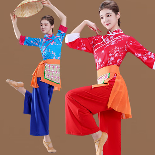 广场舞民族风采茶舞表演出衣服女