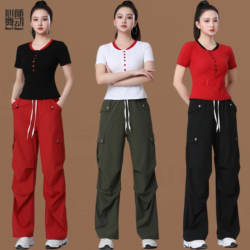 广场舞套装夏季新款宽松排扣短袖健身操服装运动服美式速干工装裤