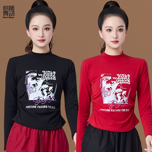 新款时尚广场舞服健身操跳操服鬼步舞大码高领修身健身运动上衣棉
