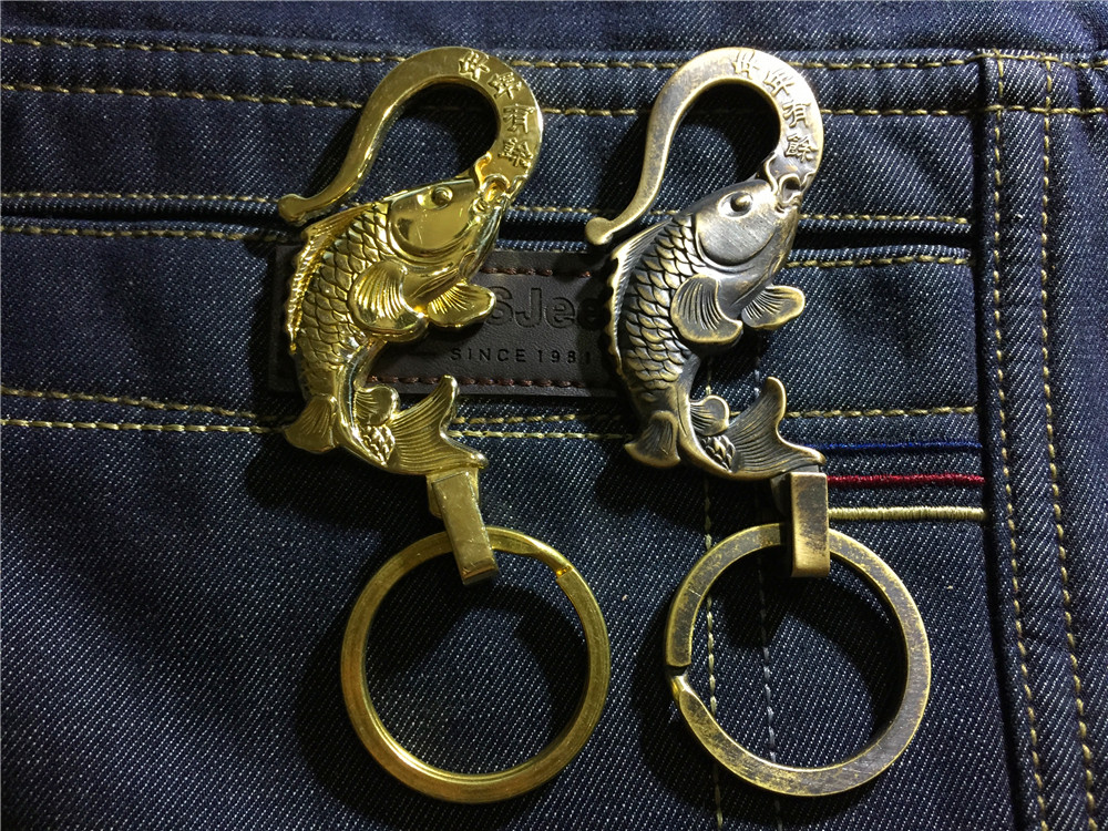 【老顽铜】精美纯铜鲤鱼钩钥匙扣实心黄铜年年有余汽车摩托财布钩