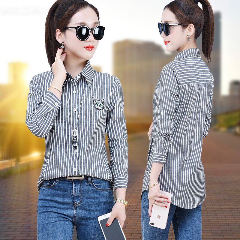 Mid length version stripe shirt new pattern spring and autumn 2020 Long sleeve Korean Edition Self cultivation Show thin Plush keep warm Primer shirtin the Women's clothing/Boutique , Shirt  category - from Buy2taobao.com to provide professional Taobao agent buy service