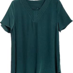 100桑蚕丝双绉香云纱墨绿色V领短袖上衣通勤女