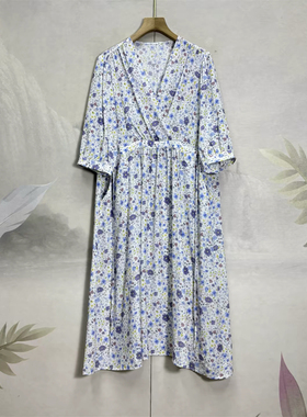 清爽碎花印花 桑蚕丝真丝双绉无内衬中长袖V领减龄抽绳长裙连衣裙