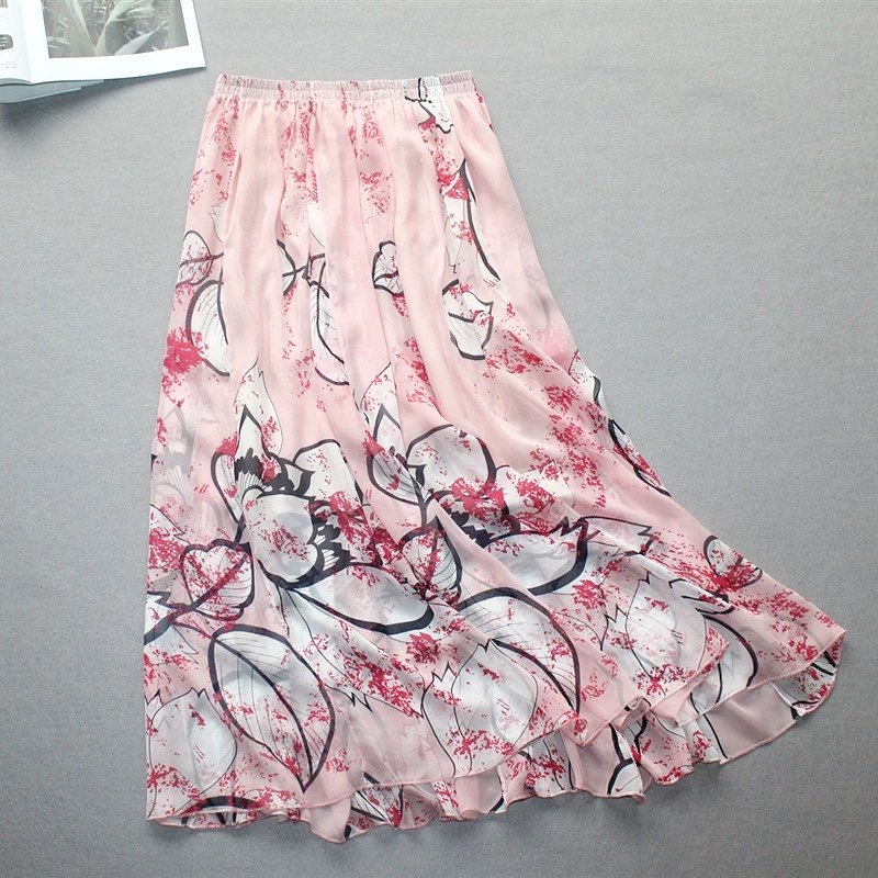 100双层真丝雪纺 粉色大花印花 显瘦长款半身裙 腰裙