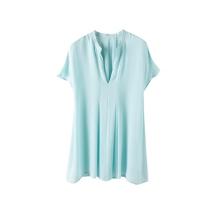 100真丝双乔 天青色 褶皱设计感 短袖上衣衬衫女夏