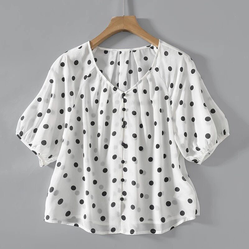 复古风100桑蚕丝双绉波点印花圆领中袖上衣衬衫小衫短款百搭减龄