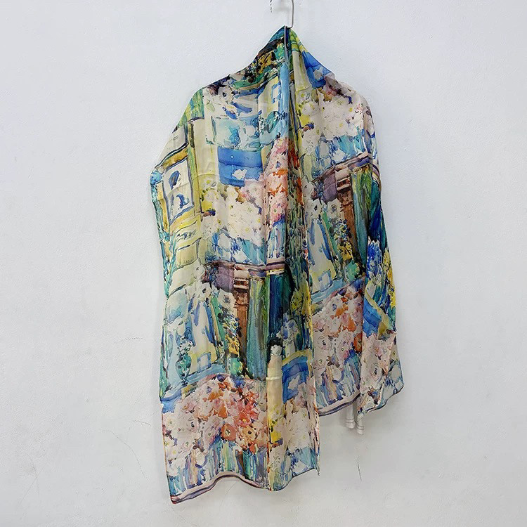 几款欧洲油画风 街景印花 100桑蚕丝雪纺 长围巾披肩防晒服饰丝巾