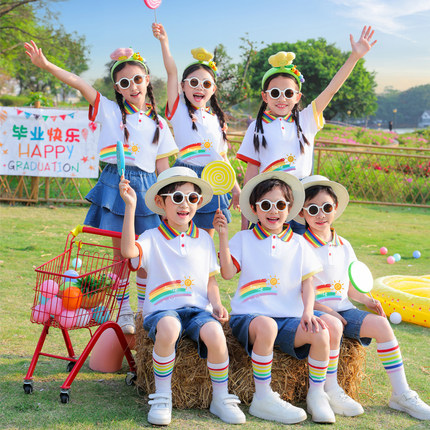 儿童啦啦队演出服男女通用学院风彩虹撞色Polo衫小学生毕业照表演