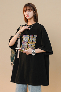 C210-T511-P25美式棕色纯棉短袖T恤女复古休闲学生小众设计感上衣图片