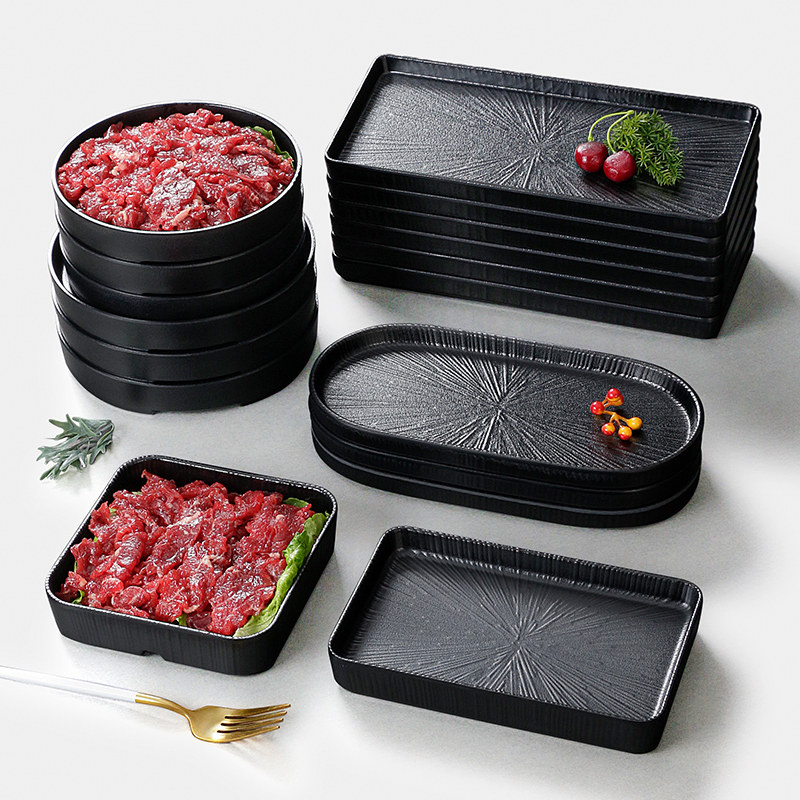 密胺黑色餐具火锅店配菜牛肉烤肉专用盘子菜盘摆盘肉盘餐盘商用盘,餐饮具,盘,淘宝优惠券,粉丝福利购,淘宝优惠卷