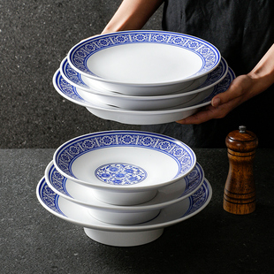 密胺复古老式青花瓷盘子商用餐饮高脚盘冷菜凉菜炒菜仿瓷餐具菜盘