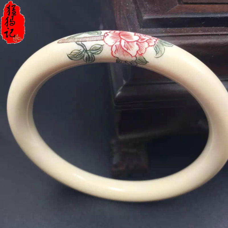 天然保证正品猛犸象牙超大口径富贵牡丹1.0圆棍女款手镯顺丰包邮