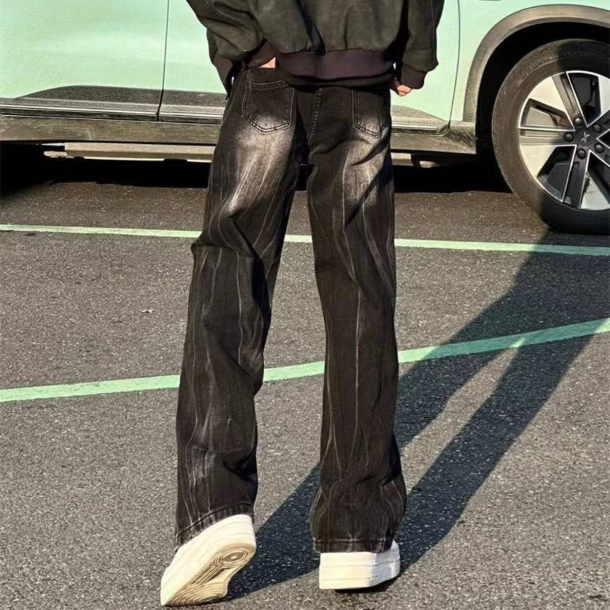 美式扎染闪电纹牛仔裤男腿粗微胖男生穿搭显瘦大码裤子直筒微喇裤