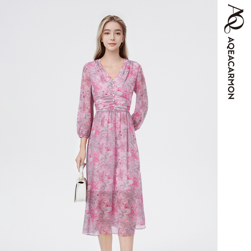 雅格上美 春夏新款女士时尚休闲修身印花雪纺连衣裙 A25XF69J32
