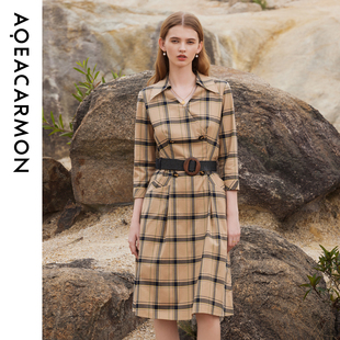 女士单排扣格子通勤连衣裙A23QF69D14 AQEACARMON秋季 雅格上美
