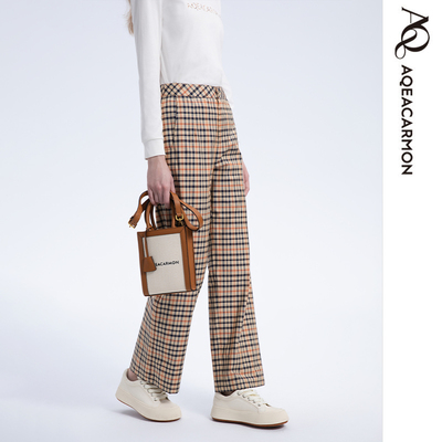 雅格上美秋冬新款女士复古格纹高腰显瘦百搭休闲直筒裤A25QF66J13