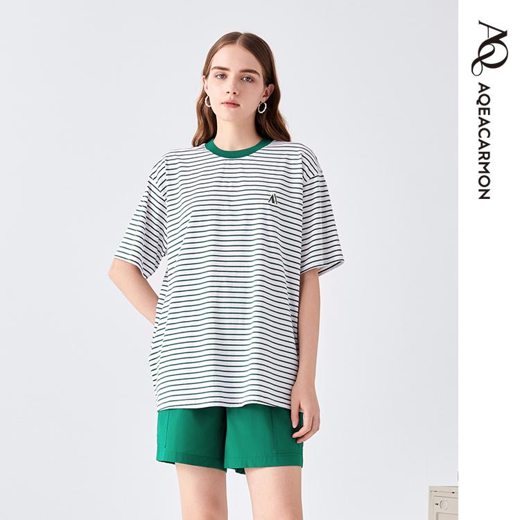 雅格上美 春夏新款女士圆领条纹T恤显瘦休闲短袖体恤 A24CF01J25