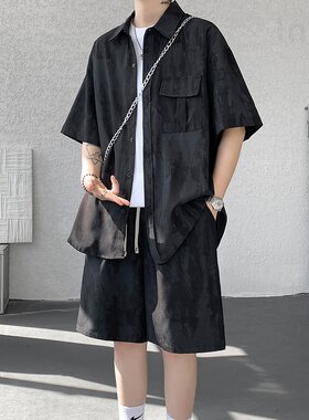 黑色夏季男轻薄透气短袖短裤套装