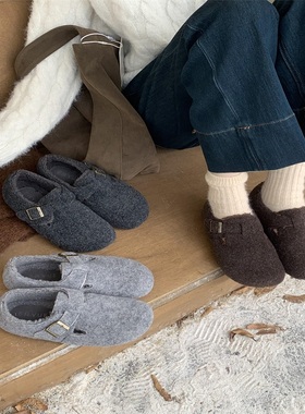 一脚蹬灰色毛呢勃肯鞋2025年新款保暖加绒毛毛鞋女外穿秋冬棉瓢鞋