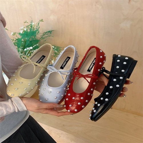 复古圆头水钻浅口玛丽珍单鞋女法式蝴蝶结平底芭蕾舞鞋秋