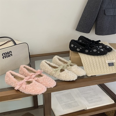 蝴蝶结毛毛鞋女秋冬外穿保暖公主绝美玛丽珍芭蕾平底单鞋子