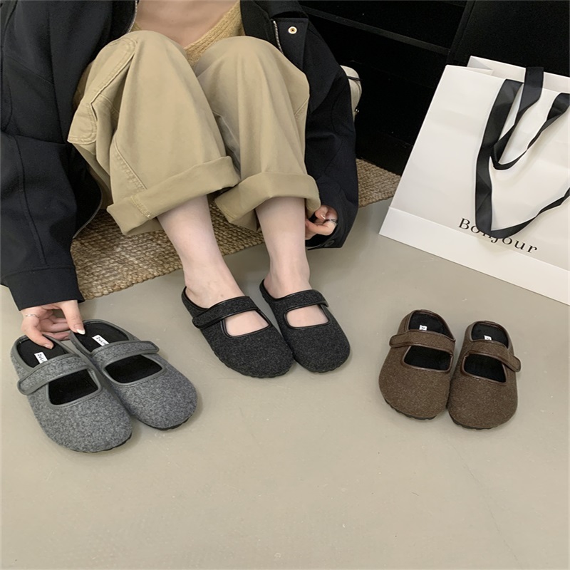 复古棕色呢子勃肯鞋女鞋子2025春秋季法式配裙子乐福半拖单鞋